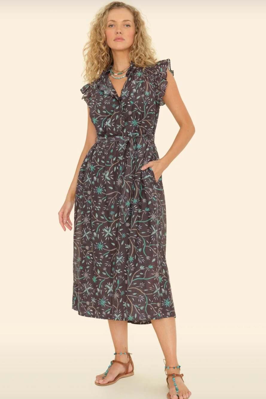 Xirena Floral Midi Dress April Cotton Silk Maxi Gray Mint Ruffle NWT Medium
